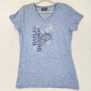 Harley Davidson Shirt Womens XXL Blue Eagle Rhinestone V Neck Fitted Linen Blend